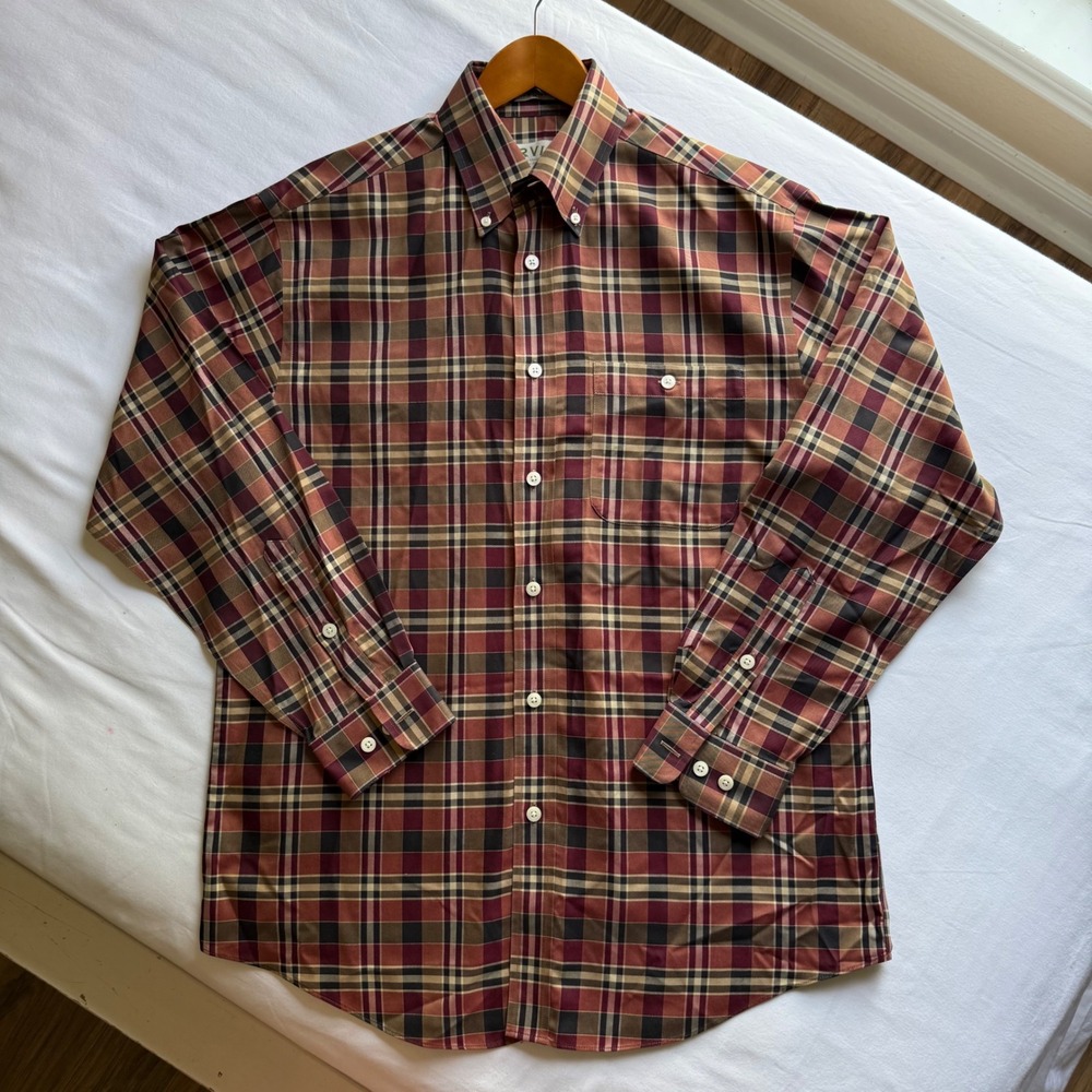 Orvis Mens Plaid Button Down Shirt Medium Burgundy Tan Cotton Long Sleeve‎ 77C9
